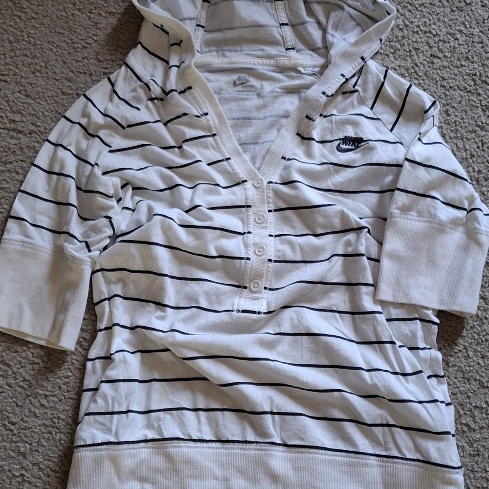 Nike White and Black Striped Pullover Hoodie Size M